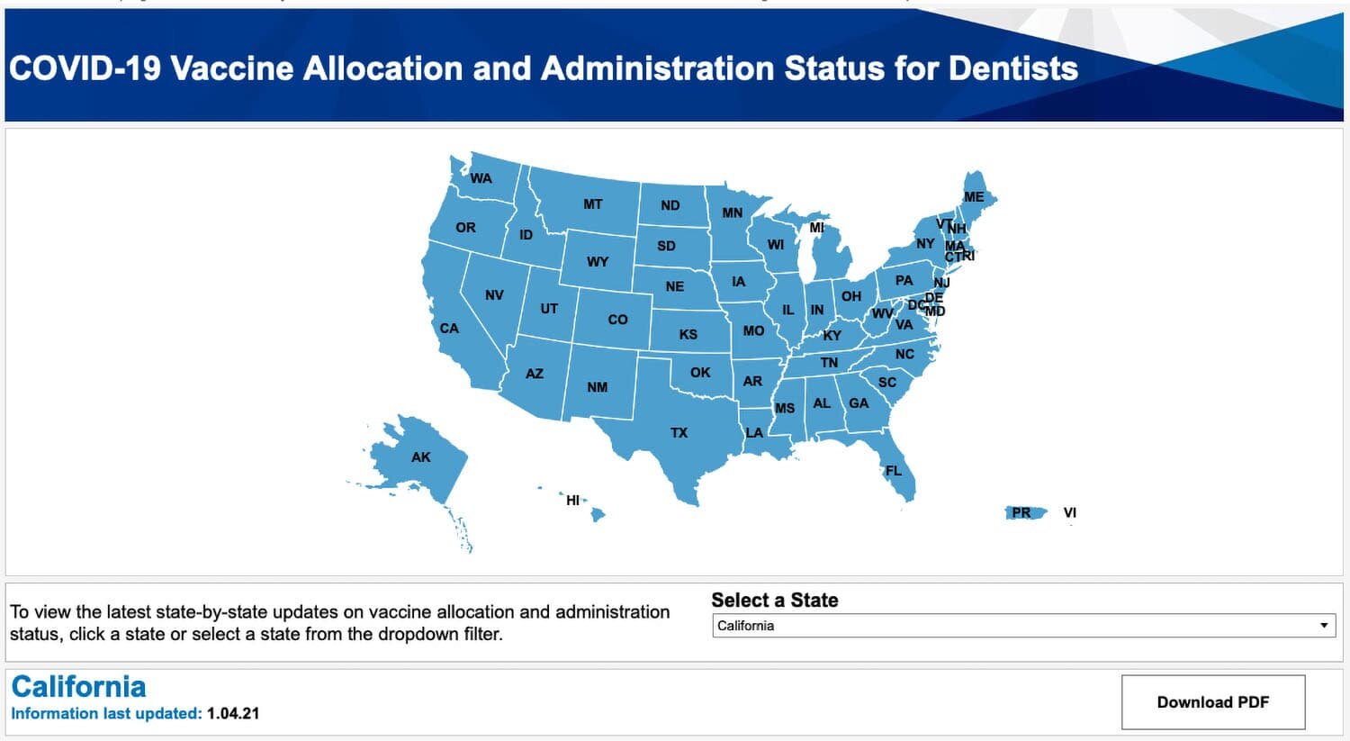 Vaccination map showing Covid-19 vaccine regulations in California and all states for dentists.