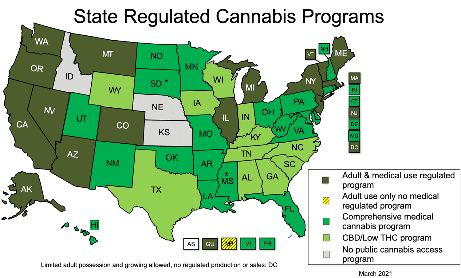 Map of the United States showing the level of cannabis regulation in all 50 states and Washington D.C. Source: National Conference of State Legislatures.