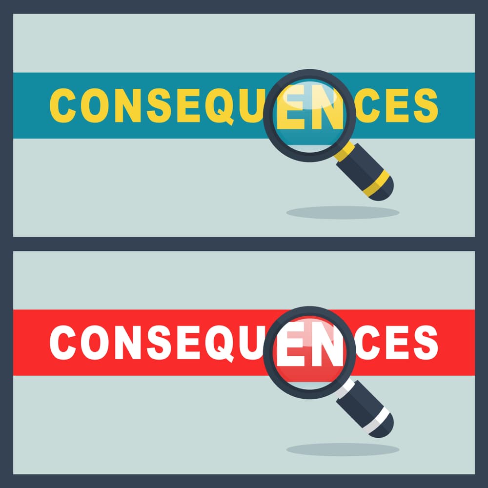 Close-up of the word 'consequences' with a magnifying glass focusing on it, symbolizing the examination or impact of consequences.