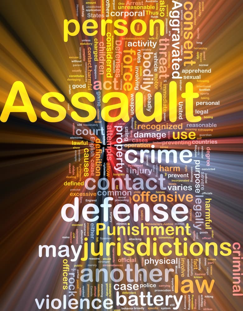 Word cloud concept of assault crime with glowing light background.