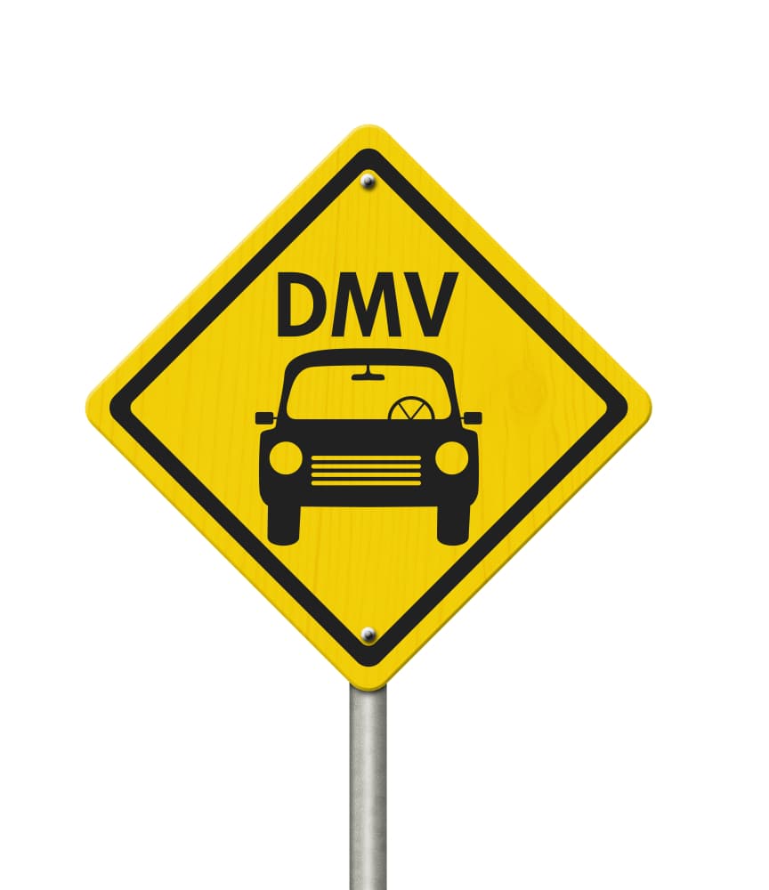 A 3D illustration of a yellow highway warning sign with an icon of a car and the text "DMV" isolated over a white background.






