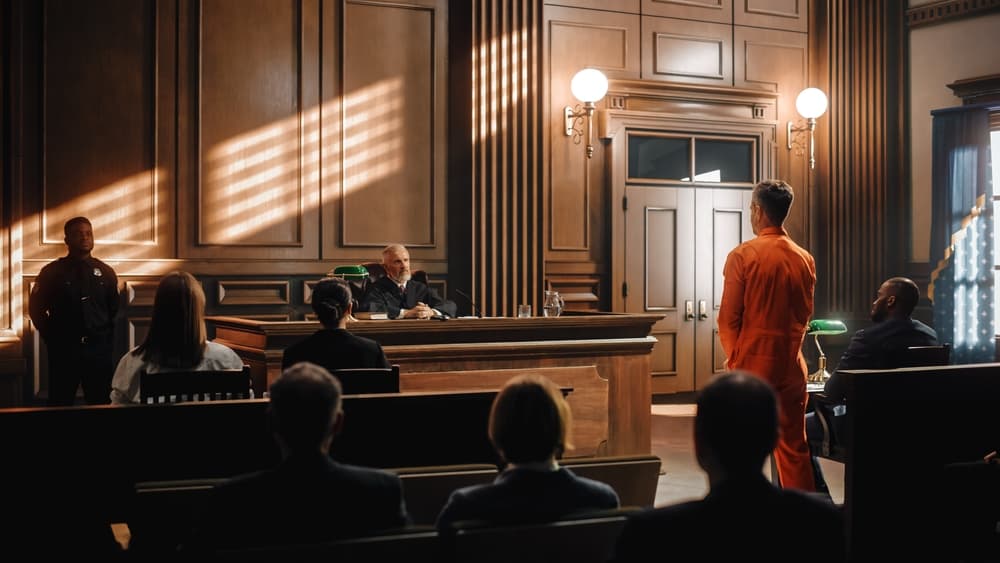 Court of Law and Justice Trial: An impartial and honorable judge pronounces a sentence, striking the gavel. A male lawbreaker in an orange robe is sentenced to serve time.