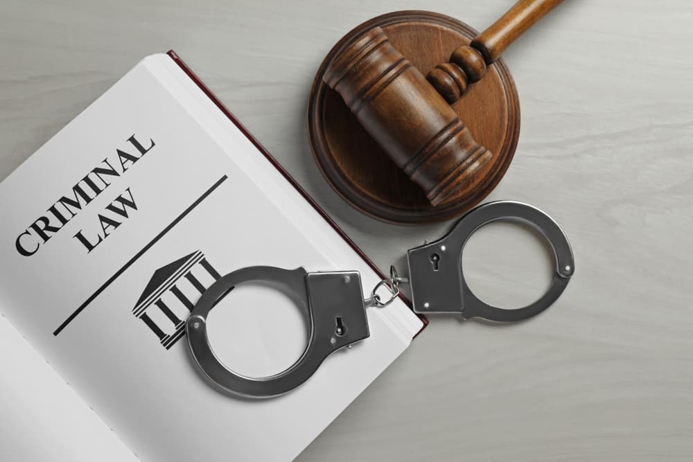 handcuffs and Criminal law book on white wooden background,