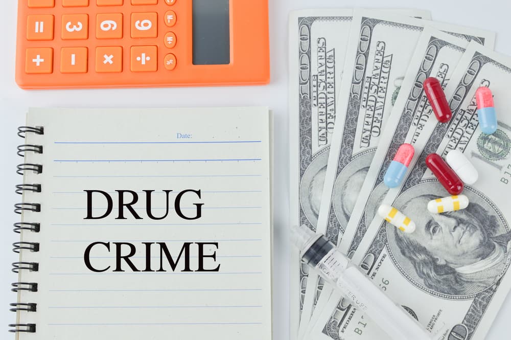 Banknotes, pill capsules, calculator and notebook written with DRUG CRIME