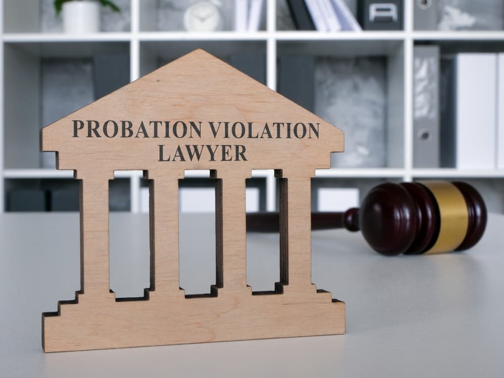 Desk with a nameplate that reads "Probation Violation Lawyer."







