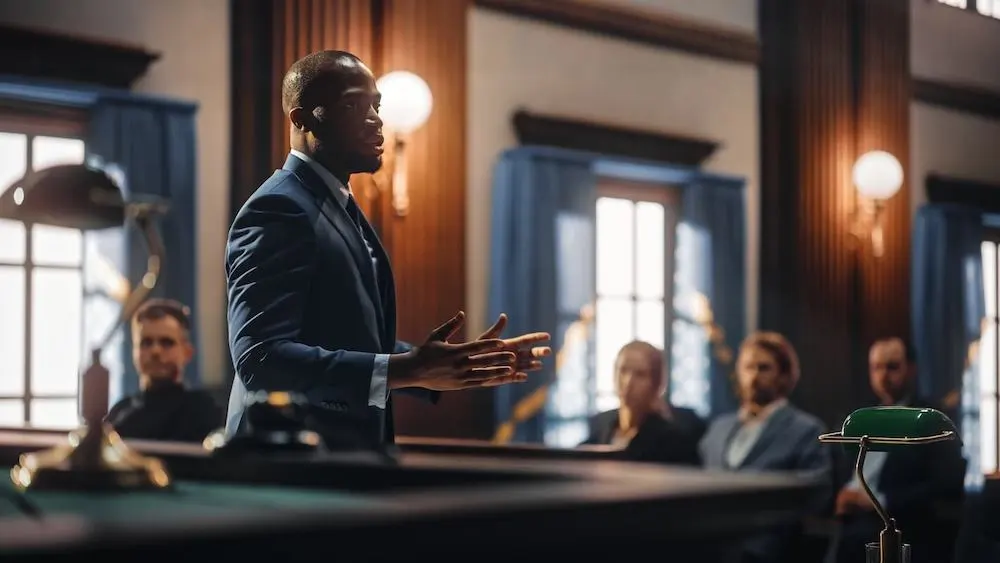 Los Angeles murder defense lawyer representing a client in court, illustrating the importance of local homicide defense experience at the Foltz Criminal Justice Center.
